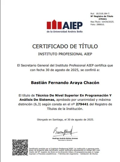 Credencial de Tecnico de Nivel Superior en Programacion y Analisis de Sistemas