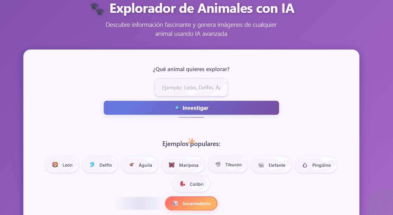 Vista previa del proyecto Animal Explorer AI - Explorador de Animales con IA